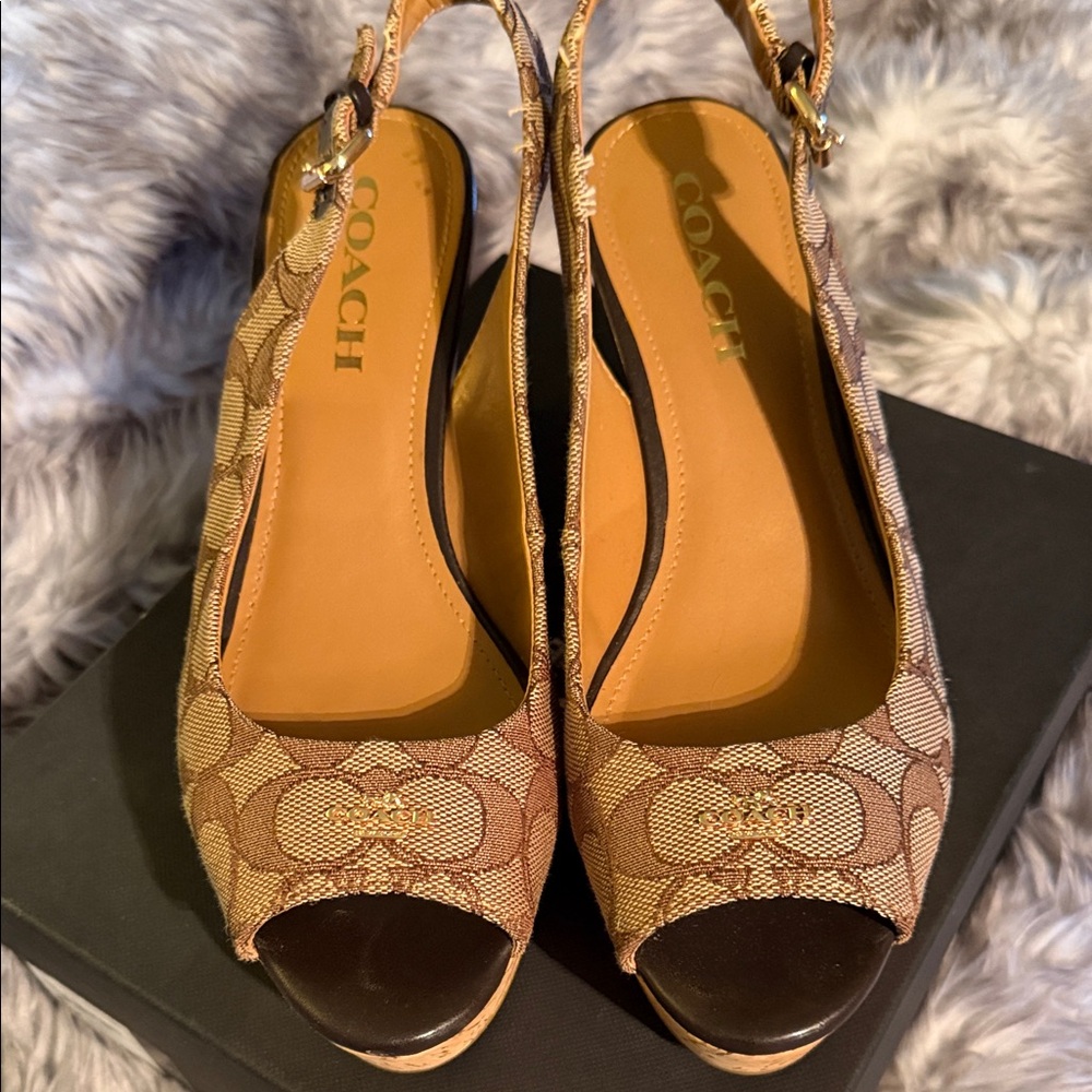 Coach Signature Tan Wedge Sandals